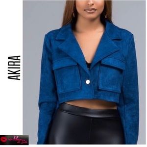 Faux Suede Cropped Blue Long Sleeves Blazer